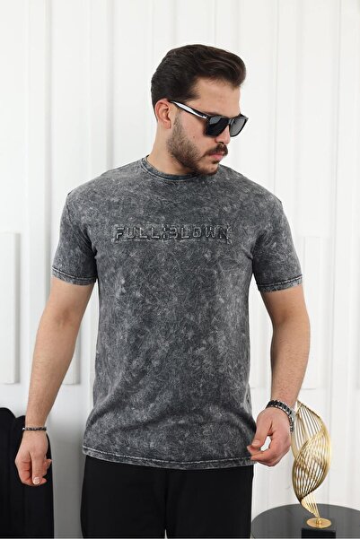 comstar Men's Embossed Text Print Crew Neck Smoked T-Shirt
