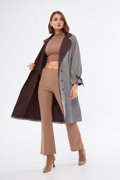 comstar Women's Waist Strap Striped Trench Coat