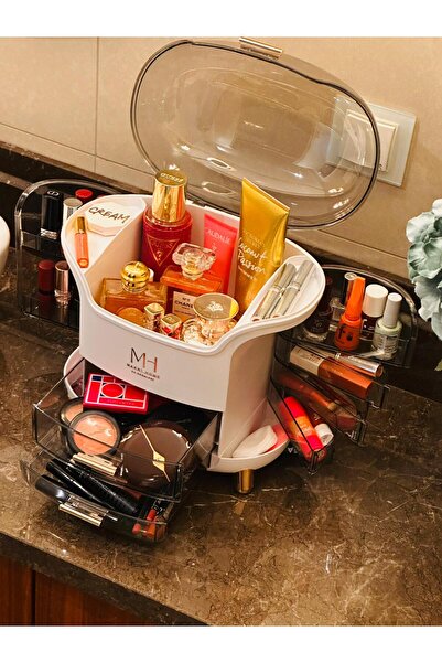 MAKRİ HOME MultiBox Çok Gözlü Şeffaf Kapaklı Makyaj Organizeri, Beyaz, 29 x 19 x 34 cm