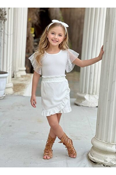 Burçak Butik Girl's White Polka Dot Blouse Skirt 2 Piece Set