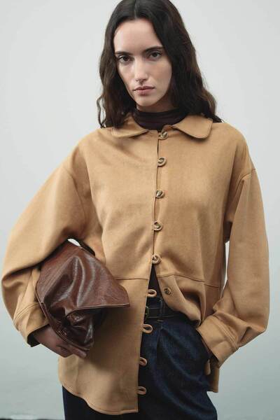 Hooopstore Πουκάμισο Suede Birit με λεπτομέρειες Camel Suede