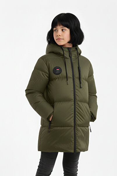 QAWWA Girl's Khaki Fiber Hooded Windproof Inflatable Winter Jacket