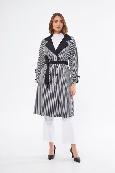 comstar Women's Waist Strap Striped Trench Coat