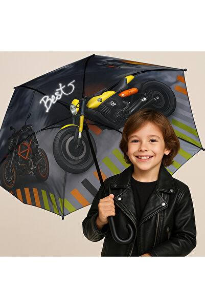 esdekor Bardaklı Motorsiklet Desenli Çocuk Şemsiye Otomatik – Erkek Çocuk Öze...