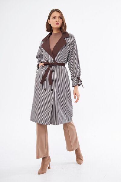 comstar Women's Waist Strap Striped Trench Coat