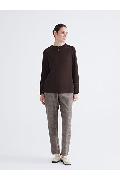 LC Waikiki Brown Ruffled Crew Neck Blouse