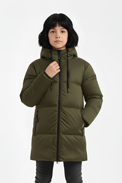 QAWWA Girl's Khaki Fiber Hooded Windproof Inflatable Winter Jacket