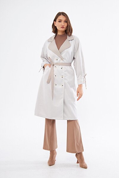 comstar Kadın Belden Bağlamalı Çizgili Trençkot
