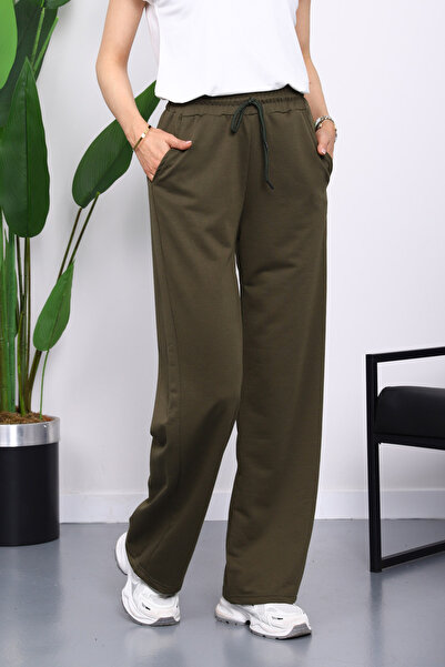 İmajButik Σκούρο χακί ελαστικό στη μέση, δύο κλωστές, παντελόνι Palazzo