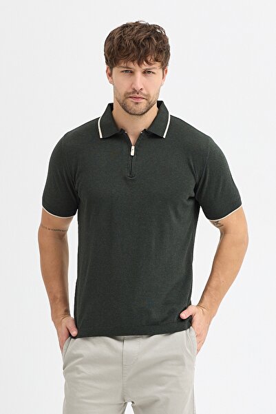 hateko Μπλουζάκι πλεκτό με λαιμόκοψη πόλο με μισό φερμουάρ από 100% βαμβάκι χακί με ρέλι