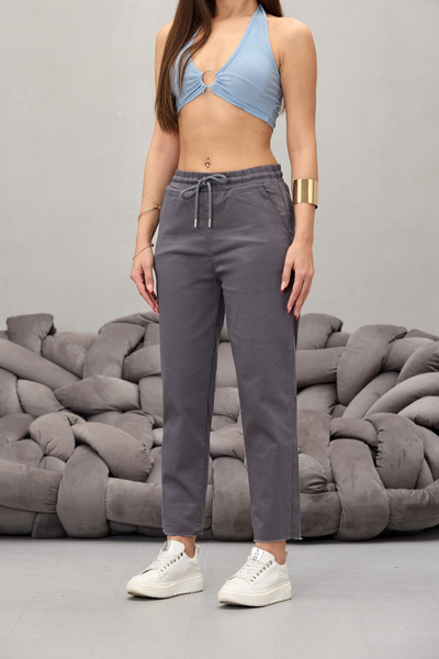 BİKELİFE Kadın Pamuk Ve Keten Karışımlı Yüksek Bel Dar Kesim Cepli Pantolon