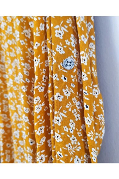 Namaste Vintage Hardal Renk Floral Desenli Gömlek Elbise (44-46-48 BEDEN UYUMLU)