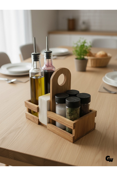 GOLDENWOODEN طقم توابل خشبي طبيعي مع وعاء زيت وحامل مناديل (رأس طويل) (طقم) (...