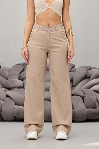 BİKELİFE Kadın Bej Yüksek Bel Likralı Esnek Geniş Paça Palazzo Pantolon