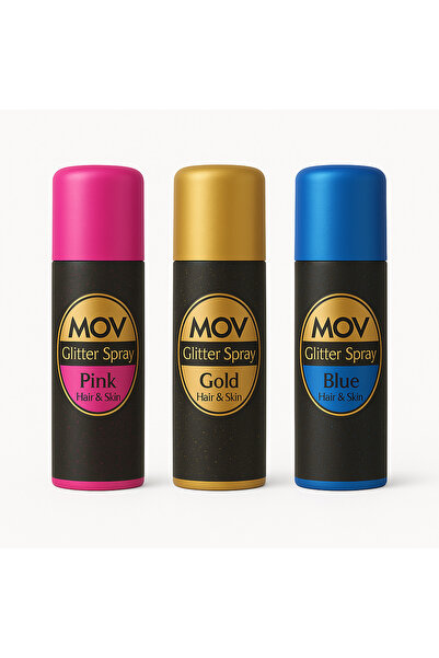 MOV Glitter Spray 3’lü Set Party Pack (Pink+Gold+Blue ) – Saç ve Cilt İçin Parıltılı Sprey