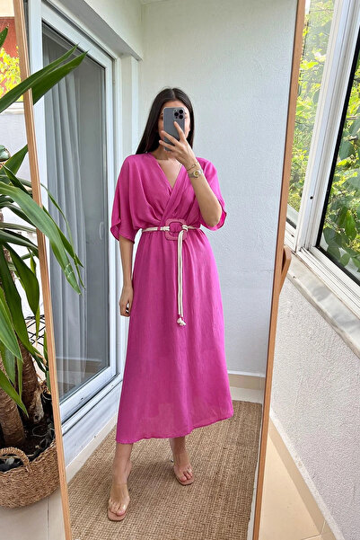 Lady Pixie Yazlık Anvelop Yaka Kemerli Yırtmaçlı Elbise