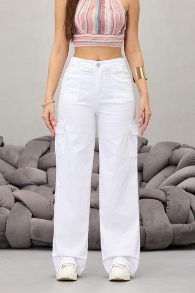 BİKELİFE Fehér Cargo Pocket Lycra magas derekú széles szárú nadrág