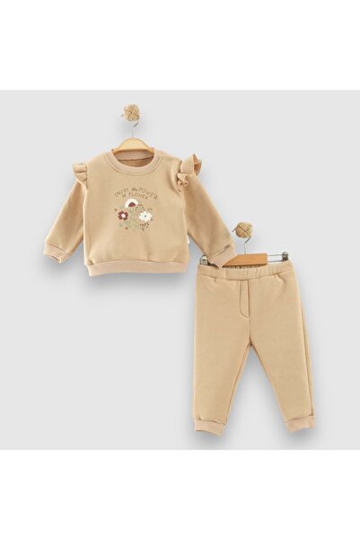 Necix's طقم توب مبطن بالصوف T بأكمام مطبوعة على شكل زهرة وحواف مكشكشة من ثلاث خيوط باللون البيج