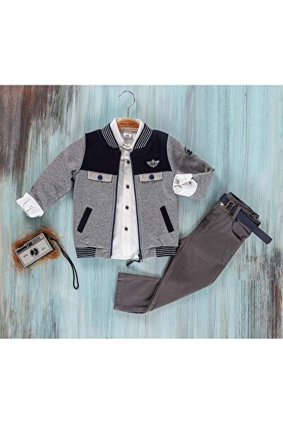 RYZE ÇOCUK Gray Three-Piece Set with Pilot Jacket and Fleece-Lined Shirt