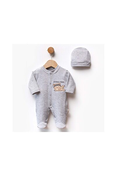 atabay Fitness Time Embroidered Hat and Booties Combed Cotton Jumpsuit Gray