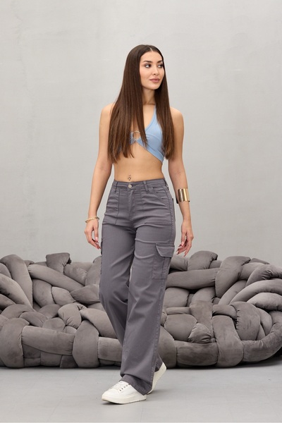 BİKELİFE Šedé kalhoty Cargo Pocket Lycra s vysokým pasem a širokými nohavicemi