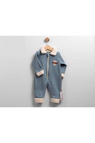 atabay Plush Detail Bear Print Zippered Two-Ply Shardooned Jumpsuit Indigo