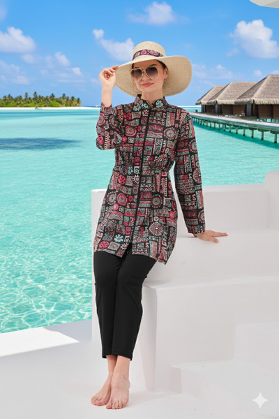 MAG FASHİON 3 قطع ملابس سباحة إسلامية بسحاب كامل مغلقة ملابس سباحة إسلامية مقاس كبير بوركيني