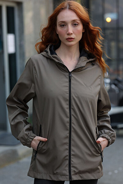 RİVERCLUP Kadın Haki Astarlı Kapüşonlu Cepli Yağmurluk - Rüzgarlık Ceket