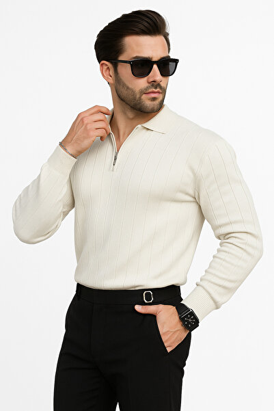 ribana Men's Slim Fit Polo Neck Zippered Ribbed Sweater - 4001