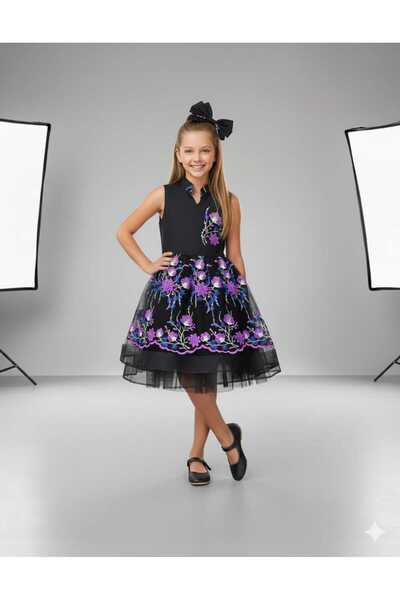 Genel Markalar Tokalı Astarlı Kız Çocuk Çiçek Nakışlı Abiye Elbise ( Bir Beden Büyük Tercih Edilebilir )