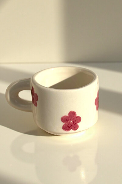 YUUGI CERAMIC Handmade Ceramic Mug Pink Flower Patterned Mug Cup 180 ml Mug Coffee Cup