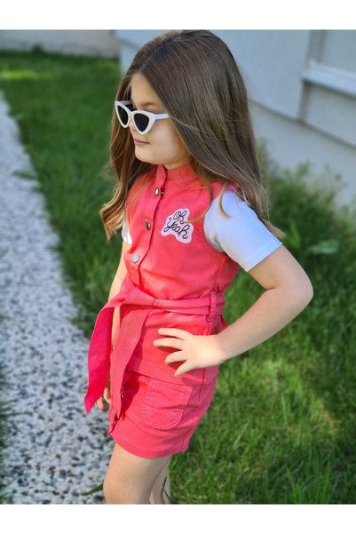 Burçak Butik Girl's Gabardine Vest / Gabardine Skirt / Single Jersey T-Shirt 3-Piece Summer Set - Holiday Set
