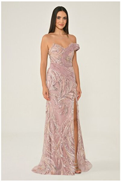 ALFABETA KADIN ABİYE TEK DÜŞÜK OMUZ YANDAN YIRTMAÇLI PAYETLİ UZUN ELBİSE