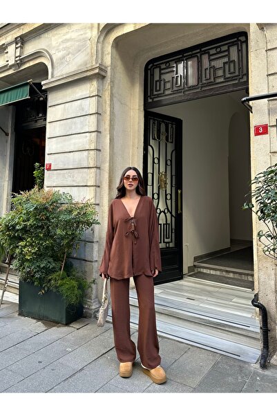 New Now Women's Front Tie Shirt, Palazzo Pants Aerobin Set