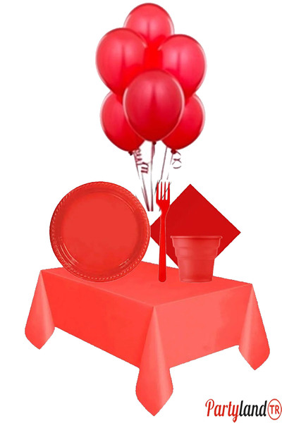 PartylandTR Kırmızı Ekonomik 25 Kişilik Plastik Bardak Çatal Tabak Peçete Mas...