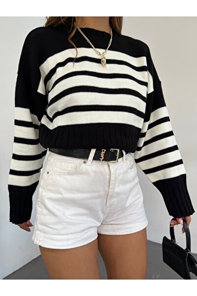 Jose Clothing Női nyakú, csíkos, hosszú ujjú kötött pulóver