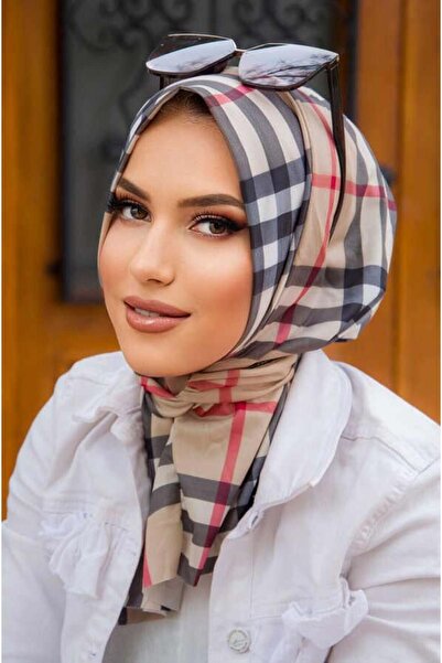 Aişe tesettür Μπεζ καρό μοτίβο Φουλάρι έτοιμο για σύνδεση