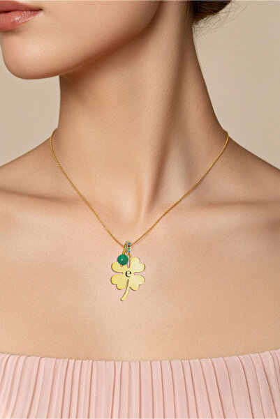 Tasarlatak Yonca Dört Yapraklı Gümüş Kolye Doğaltaşlı E Harfli