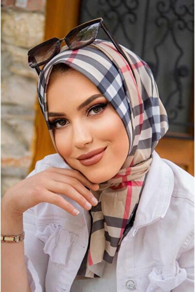 Aişe tesettür Μπεζ καρό μοτίβο Φουλάρι έτοιμο για σύνδεση