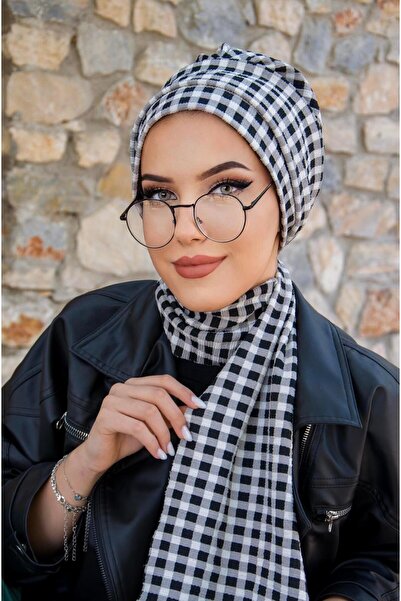 Aişe tesettür Καρό Εκρού Μπόνε - Σχέδιο με Κασκόλ