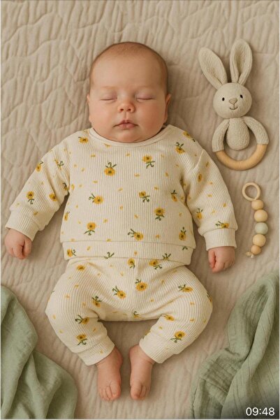 ALTINTAŞ BABY طقم بناتي مكون من قطعتين من قماش الوافل منقوش عليه زهرة الأقحوان