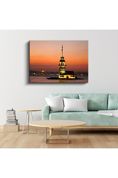 Tablofest Kız Kulesi - Gün Batımında Işıklı Deniz Feneri Kanvas Tablo
