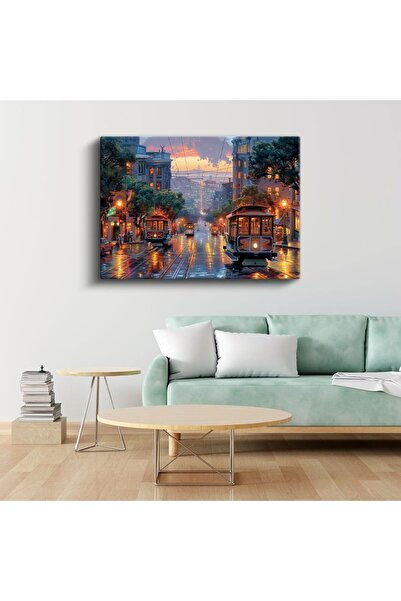Tablofest Yağmurlu Cadde - Işıklı Tramvay Hattı Kanvas Tablo