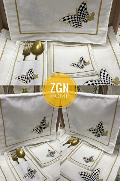 ZGNHome 19 Parça 6 Kişilik Kelebek Gold Nakışlı Amerikan Servis Takımı