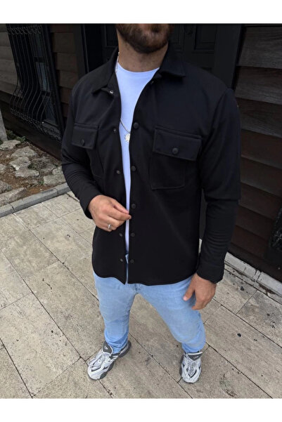 ARONA Mdb Men's Diagonal Fabric Pocket Snap Fastener Long Sleeve, Shirt Oversized Comfortable Fit Casual Stylish Til Black