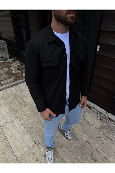 ARONA Mdb Men's Diagonal Fabric Pocket Snap Fastener Long Sleeve, Shirt Oversized Comfortable Fit Casual Stylish Til Black