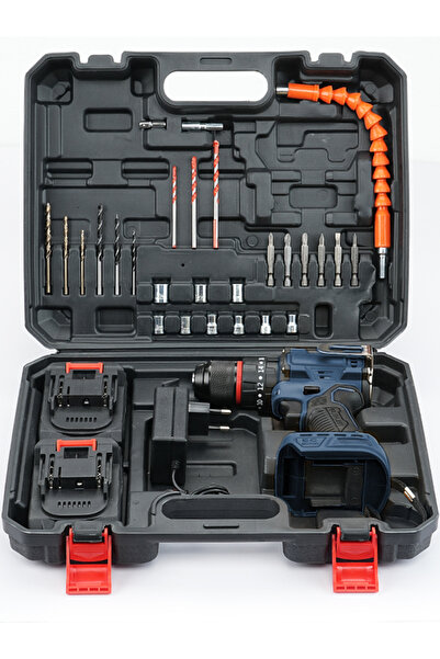 MAVLET 21V Bakır Sargı Kömürsüz Motor Çelik Mandren Darbeli Şarjlı Matkap Akülü Vidalama Uç Setli - Mavi