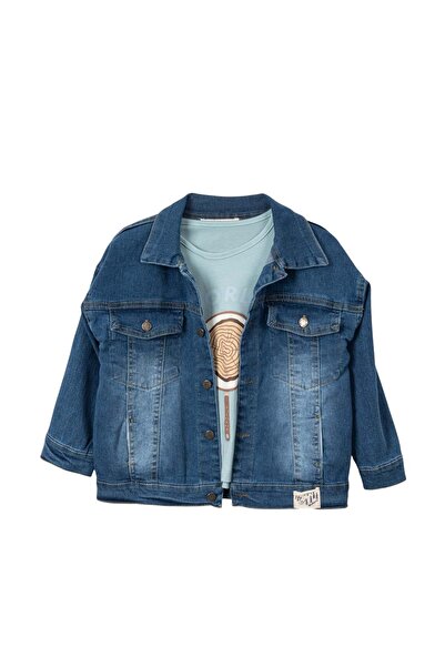 Necix's World Printed Sweatshirt Denim Coat Pants Set Mint Green