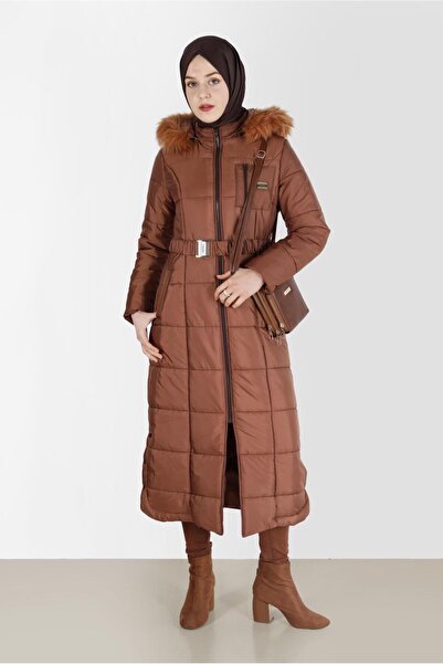 Alvina Hooded Fur Coat with Detailed Trim on the Sides 90213