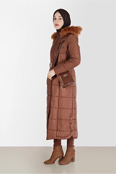 Alvina Hooded Fur Coat with Detailed Trim on the Sides 90213